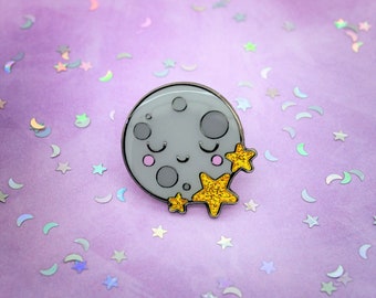 Moon Enamel Pin Badge Seconds | Smiling Moon Pin | Glitter Enamel Pin | Moon Gift | Cute Badge