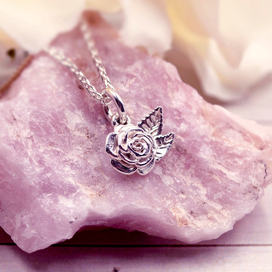 Silver Rose Necklace Handmade Jewellery Rose Leaf Charm Pendant Flower Gift Floral Necklace