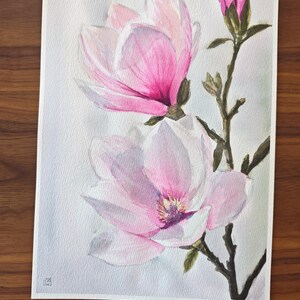 May include: A watercolor painting on textured paper depicting two large, blooming magnolia flowers and one closed bud on a brown branch. The petals transition from deep magenta at the base to soft, pale pink and white at the edges.