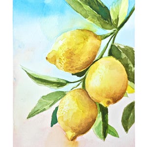 May include: A watercolour painting of three bright yellow lemons hanging from a branch with green leaves. The background features a soft gradient transitioning from a light blue sky at the top to a pale pink hue at the bottom of the composition.