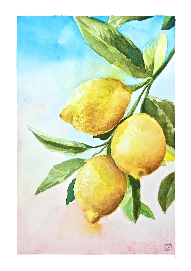 May include: A watercolour painting of three bright yellow lemons hanging from a branch with green leaves. The background features a soft gradient transitioning from a light blue sky at the top to a pale pink hue at the bottom of the composition.