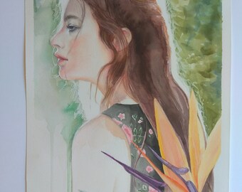 Summertime sadness - original watercolor painting beautiful profile portrait of a girl, lights summer bird of paradise flower green