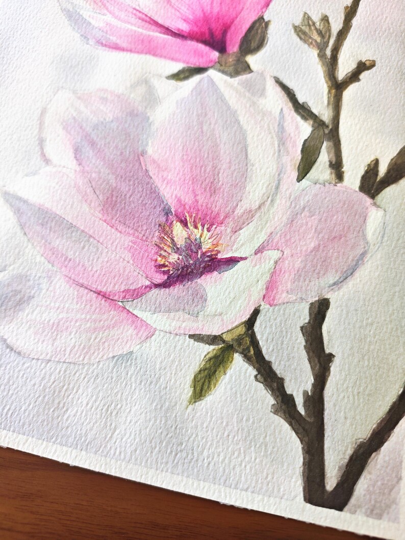 May include: A watercolor painting of magnolia flowers featuring soft pink and white petals with a yellow center. The blossoms are attached to dark brown, textured branches with small green leaves, rendered on a white paper background.