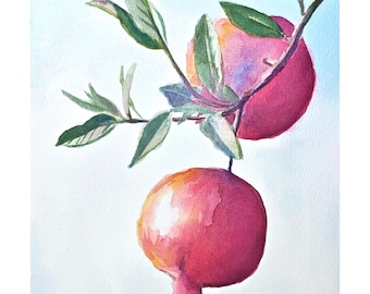 Könnte beinhalten: Ein Aquarellgemälde von zwei Granatäpfeln, die an einem Zweig mit grünen Blättern hängen. Die Früchte zeigen Schattierungen von tiefem Rot, Rosa und Orange vor einem hellblauen Hintergrund. Eine kleine Künstlersignatur ist unten zu sehen.