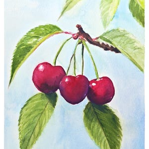 Mediterranean cherry branch — original watercolor painting image 1