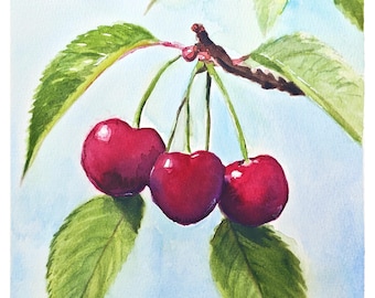 Könnte beinhalten: Ein Aquarellbild von drei reifen, tiefroten Kirschen, die an einem braunen Stiel mit grünen Blättern hängen. Die Kirschen sind gruppiert und zeigen Glanzlichter auf ihren abgerundeten Oberflächen. Der Hintergrund ist ein hellblauer Farbauftrag.