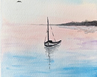 May include: A watercolor painting depicts a small sailboat floating on calm water during a soft sunrise or sunset. The sky and water feature blended hues of pale blue, pink, and lavender. Three black birds fly in the upper left corner.