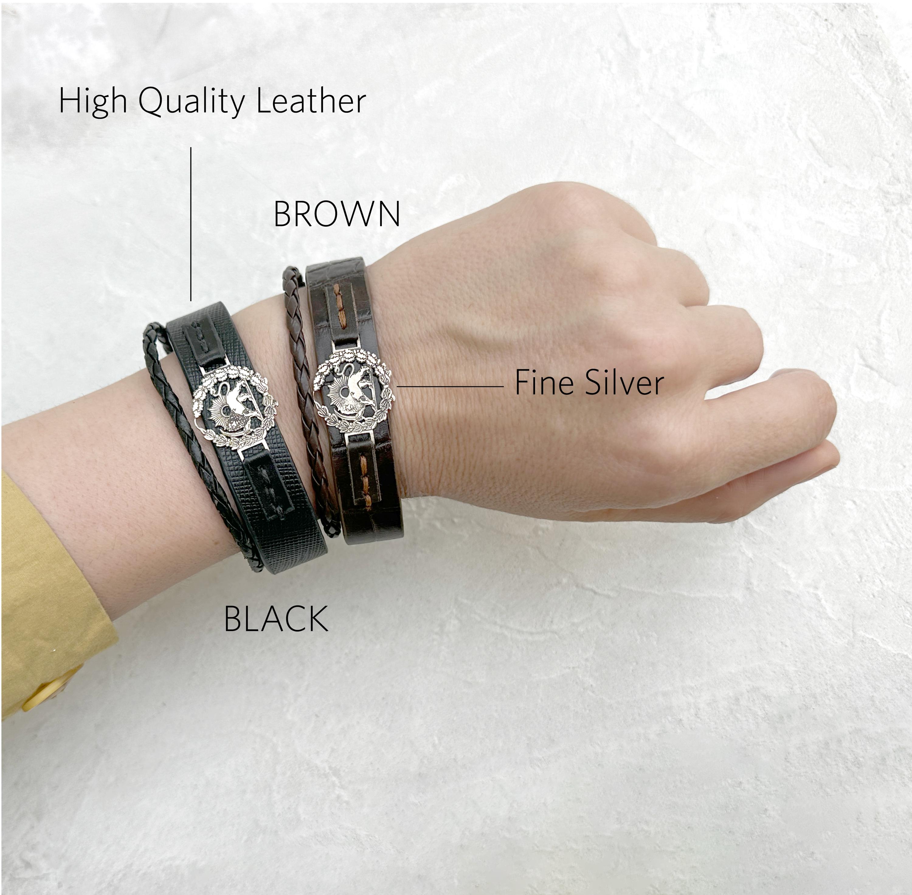 Pahlavi Lion and Sun Leather Bracelet: Solid Silver Persian Design