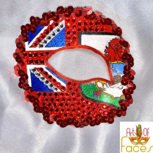 May include: A red sequined eye mask with a painted design of the flags of the United Kingdom, Wales, and England. The mask is decorated with red sequins and has a small hole for the eye.