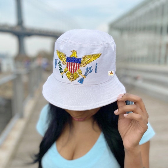 US Virgin Islands White Bucket Hat With Crystals and Rhinestones 