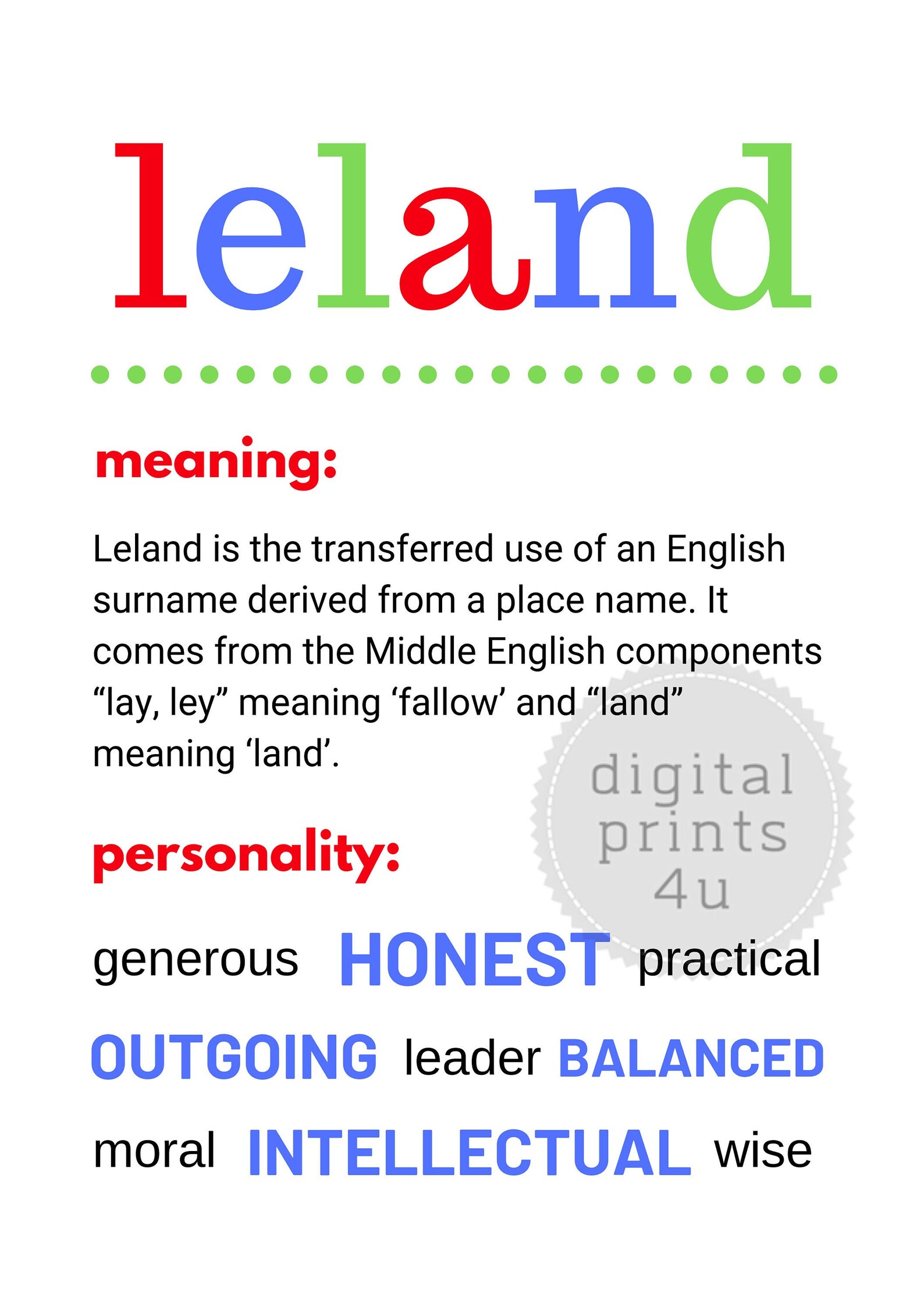 Leland name print digital name name meaning print name Etsy