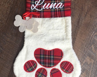 Personalized Christmas Holiday Dog Stockings | Plaid Paw Print Stocking