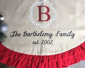 Personalized Burlap Christmas Tree Skirt | Ivory Red White Buffalo Plaid | Rustic Christmas | Farmhouse Christmas | Glitter