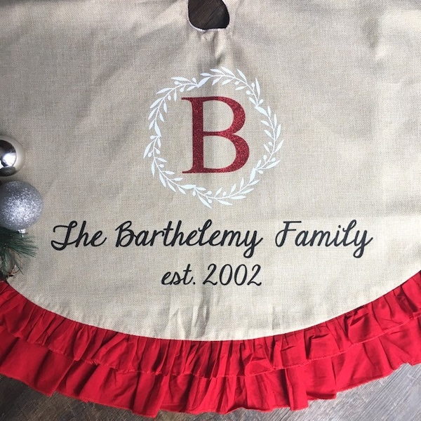 Personalized Burlap Christmas Tree Skirt | Ivory Red White Buffalo Plaid | Rustic Christmas | Farmhouse Christmas | Glitter