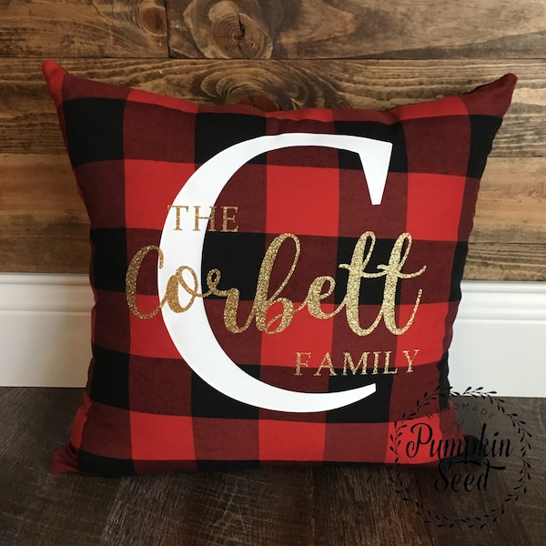 Personalized Family Last Name Red Black Buffalo Plaid Buffalo Check Gold Glitter Throw Pillow Cover Rustic Farmhouse Christmas Gift