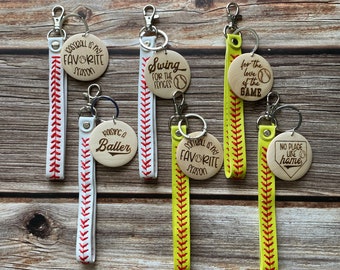 SOFTBALL BASEBALL Sports Mom Leather Wrist Lanyard Keychain with Custom Wood Disc Pendant | Softball Baseball Team Player Gifts