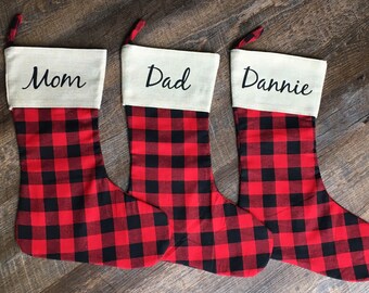 Personalized Christmas Holiday Stockings | Red Black Buffalo Plaid | White Black Buffalo Plaid | Buffalo Check | Rustic Farmhouse