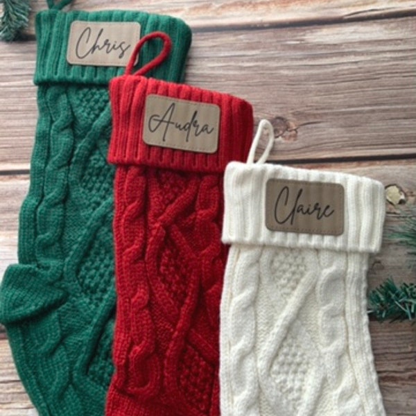 Personalized Christmas Holiday Stockings | Leather Patch Name Stockings | Laser Engraved Knit Stockings | Rustic Farmhouse
