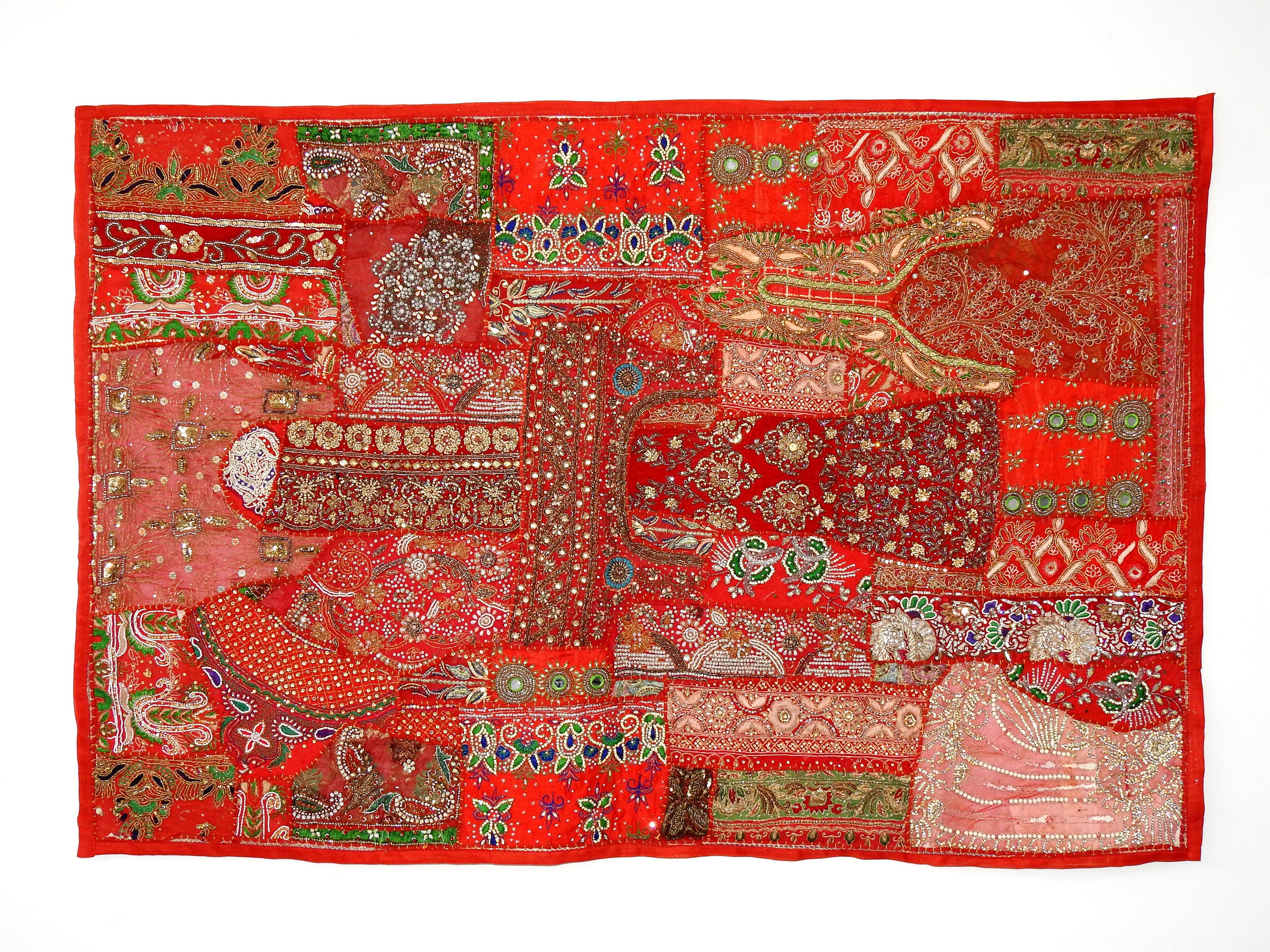 Tenture Murale Indienne Parsi – Broderie Fine Noir Et Orange, Textile Sari 60cm