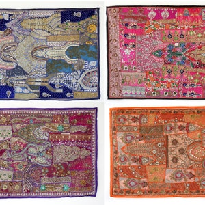 Tapeçaria de Sari Bordado: Tapeçaria de Parede Vintage Indiana em Patchwork (152 cm x 102 cm)