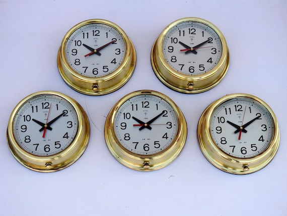 All Brass Set of 05 Vintage Maritime Slave Wall Clock Vintage Navigation  Ship Marine Boat Nautical Quartz Clocks Industrial Retro Clock 
