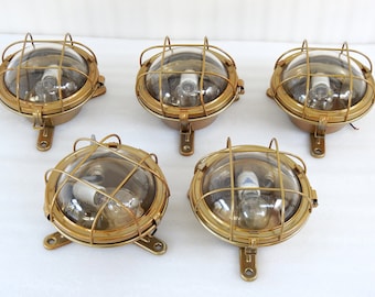 Vintage Nautical Brass Finish Cage Ship Salvaged Light, Bulkhead Celling Wall Deck Light Refurbished
