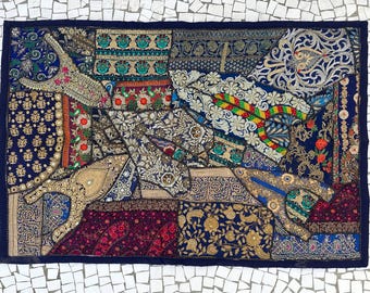 Vintage Sari Zari Work Tapestry Indian Heavy Embroidered Wall Hanging Handmade Throw Decorative Tapestries Patchwork Beads Runner 60 X 40