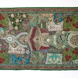 Indian Heavy Embroidered Wall Hanging Vintage Sari Zari Work Tapestry Handmade Throw Decorative Tapestries Patchwork Beads Runner 60&quot; x 40&quot;