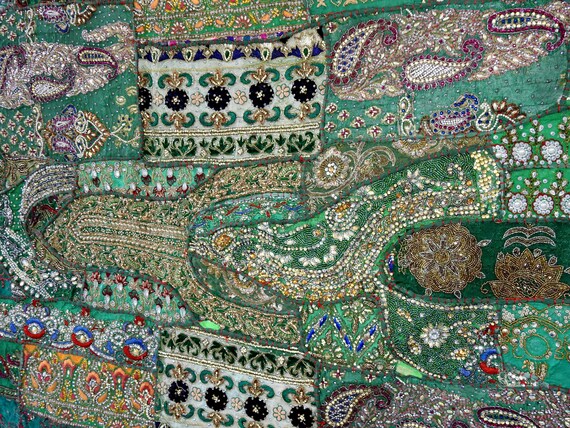 thumbnail image 2 of Huge 60" X 40" Indian Hand-Embroidered Tapestry – Vintage Sari Zari Wall Hanging – Purple 2 of 5