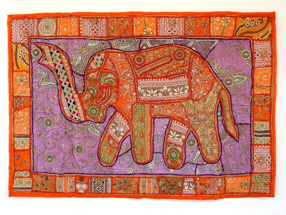Tenture murale en forme d'éléphant, tapisserie patchwork perlée brodée
