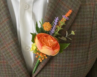 Peony Collection Herfstthema: oranje pioenroos en wilde bloemenzijde knoopsgat