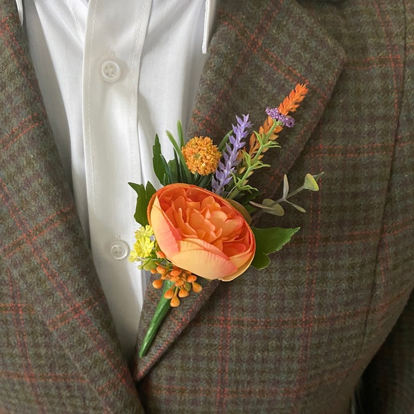 Pivoine Collection Automne Thème - Pivoine Orange et Fleur Sauvage Soie Boutonnière