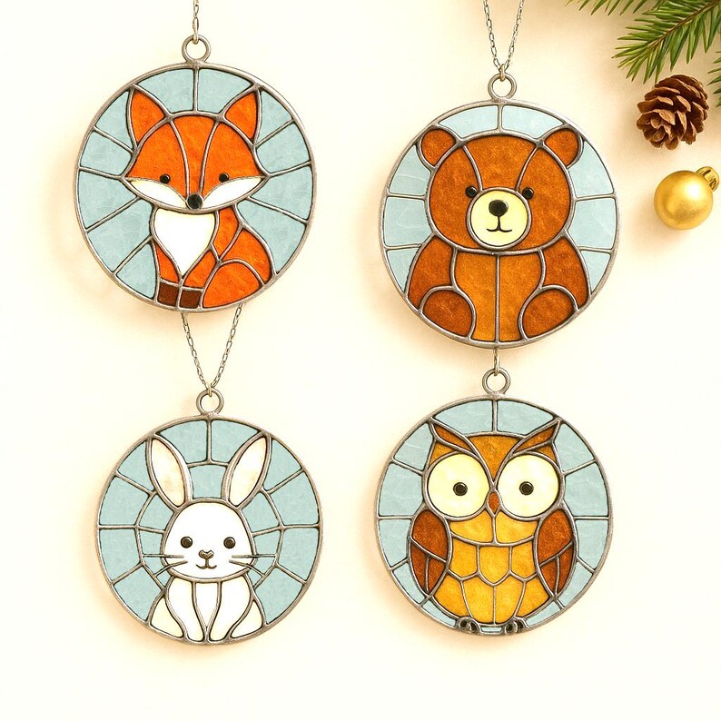 May include: Four round stained glass ornaments featuring woodland animals: a fox, bear, rabbit, and owl. Each ornament has a light blue background and a silver-colored metal frame. The fox is orange and white, the bear is brown, the rabbit is white, and the owl is yellow and brown.