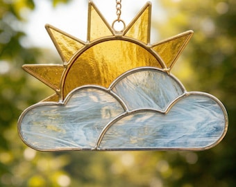 Diseño de sol y nubes en vidrieras, plantilla para atrapasoles con amanecer, decoración para ventanas, arte en vidrio para hacer tú mismo, diseño inspirado en la naturaleza.