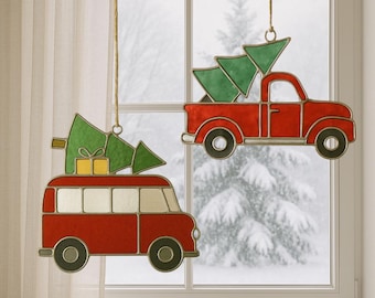 Stained Glass Christmas Bus and Truck Pattern, Holiday Suncatcher Template, Vintage Vehicle Window Decor, DIY Winter Car Craft Gift