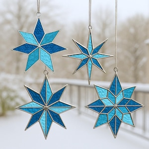 Stained Glass Star Ornament Pattern Set of 4 – DIY Holiday Suncatcher, Geometric Star Decoration, Winter Window Decor for Christmas Lovers