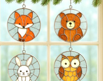 Woodland Animals Stained Glass Patterns Set – Fox, Bear, Bunny, Owl Round Suncatcher Template, Christmas Ornament Forest Animal Glass Design