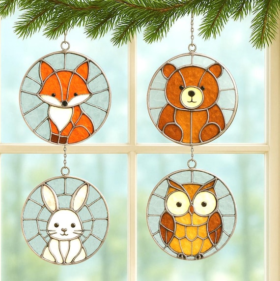 Woodland Animals Stained Glass Patterns Set – Fox, Bear, Bunny, Owl Round Suncatcher Template, Christmas Ornament Forest Animal Glass Design
