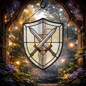 Medieval Sword Stained Glass Pattern, Shield Window Panel Template, Gothic Fantasy Glass Art Design, DIY Stained Glass PDF