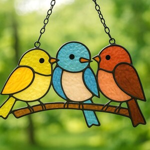 Puede incluir: Panel de vidrieras con tres pájaros coloridos posados en una rama marrón. Los pájaros son amarillos, azules y naranjas, con contornos y detalles negros. El panel cuelga de una cadena negra, ideal para decoración de ventanas o paredes.