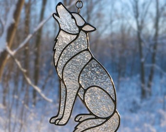 Huilende wolf glas-in-loodpatroon – sjabloon elegante natuur Suncatcher, winterraamkunst pdf, bosdier DIY glaskunstontwerp
