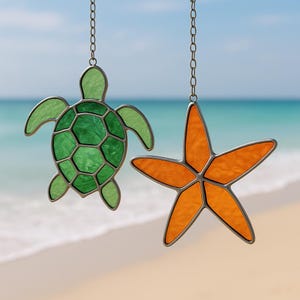 Ensemble de 2 motifs tortues et étoiles de mer en vitrail, modèle attrape-soleil animal océan, décoration de fenêtre de plage bricolage, cadeau artisanal côtier pour amoureux de la mer