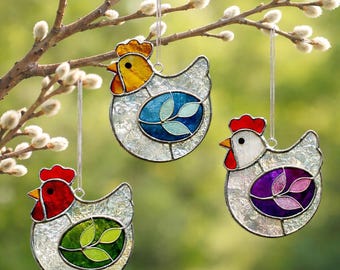 Patrón de adorno de gallina de vitral, plantilla de atrapasol de pollo, decoración de ventana rústica (PDF), patrón de arte popular rústico en vidrio, regalo de Pascua