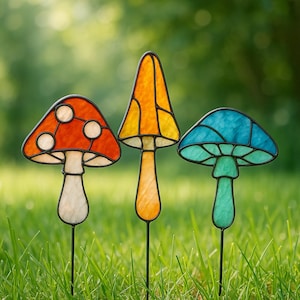 May include: Three colorful stained glass mushroom garden stakes. The mushrooms have red, orange, and blue caps with white and black outlines. The stakes are in a grassy area with a blurred green background.