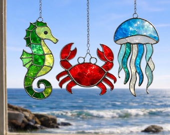 Ocean Animals Stained Glass Pattern Set – Seahorse, Crab And Jellyfish Suncatcher Templates, Coastal Window Decor Gift for Sea Lover
