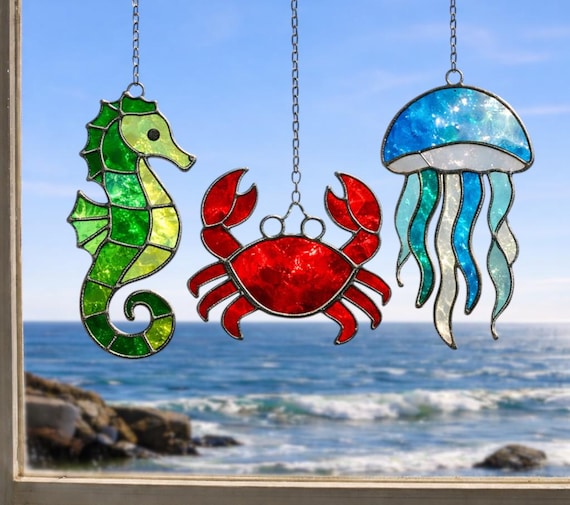 Ocean Animals Stained Glass Pattern Set – Seahorse, Crab And Jellyfish Suncatcher Templates, Coastal Window Decor Gift for Sea Lover