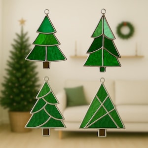Stained Glass Christmas Tree Pattern Set of 4 – DIY Holiday Suncatcher, Geometric Tree Ornament, Winter Window Decor for Christmas Lovers