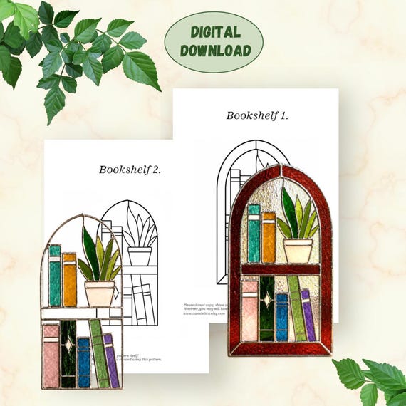 Stained Glass Bookshelf Ornament Pattern Set, Book Lover Suncatcher Template, Arched Window Panel Decor, DIY Gift for Book Lovers