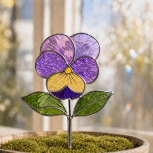 Op de afbeelding: Een gebrandschilderde viooltjesbloem met paarse bloemblaadjes, een gele kern en groene bladeren. De bloem is gemonteerd op een metalen steel en geplaatst in een pot met mos. De achtergrond is een wazig uitzicht op een raam.