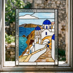 Santorini Stained Glass Pattern, Greek Island Window Panel Template, Mediterranean Landscape Glass Art Design, DIY Stained Glass PDF